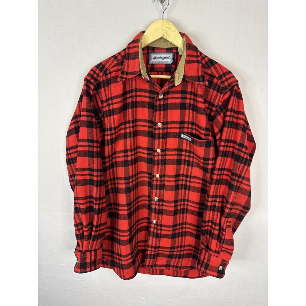 Vintage Remington Red & Black Flannel Button Down L 100% Polyester Made In USA